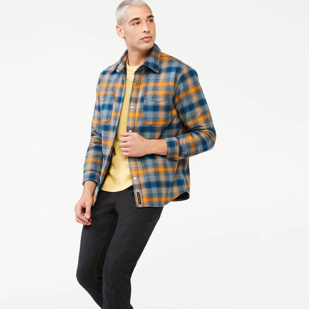 Free Assembly CPO Shirt Jacket Plaid Flannel Orange Blue Fleece Lined Men Medium